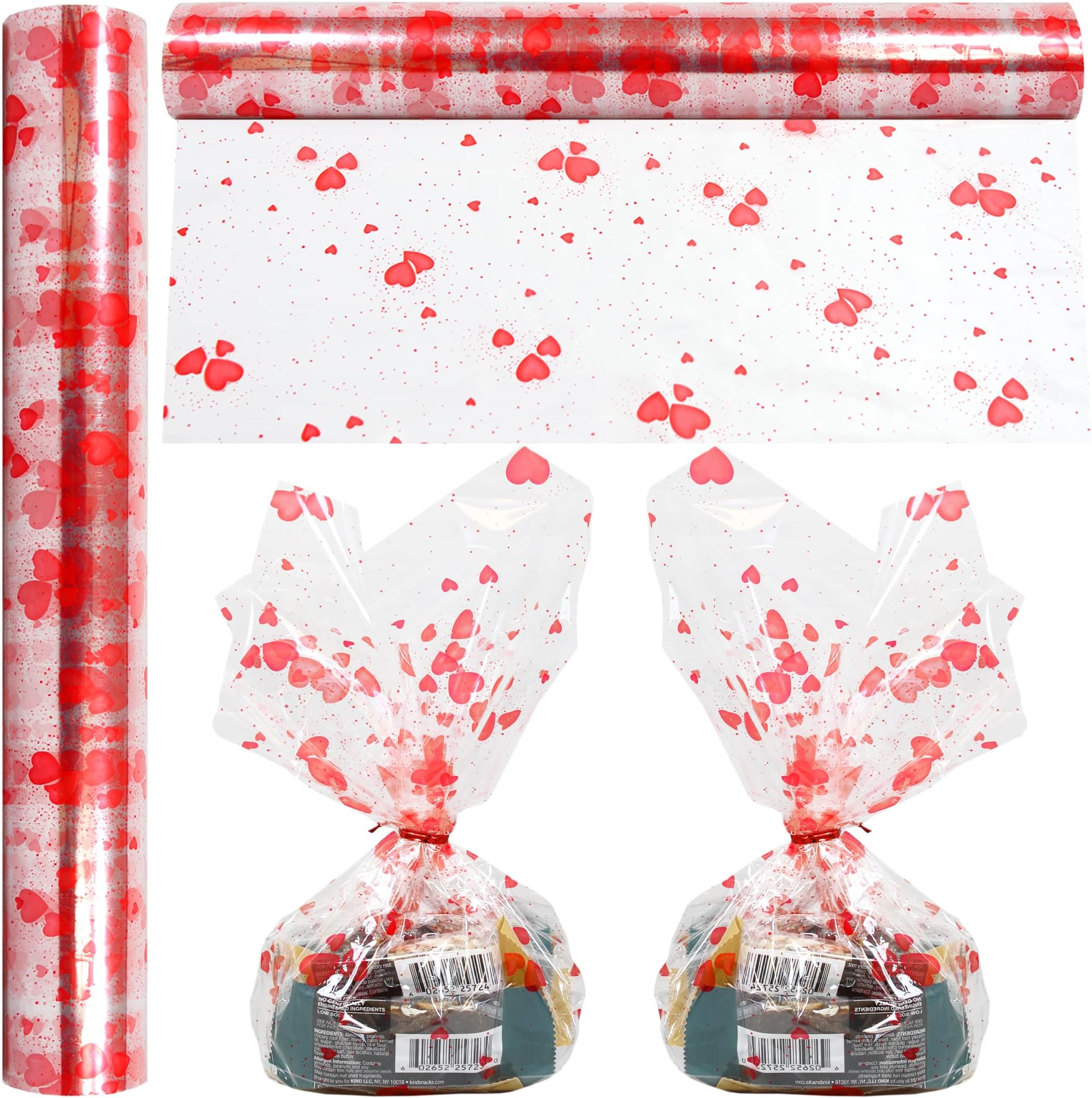 Cellophane Wrap Roll Hearts Design | 100’ Ft. Long X 16” in. Wide | 2.3 Mil Thick Crystal Clear with Red Hearts | Gifts, Baskets, Treats, Flowers, Cello Wrapping Paper | Hearts Design Cellophane for Birthdays, Holidays, Graduations | by Anapoliz