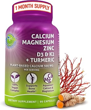 Plant-Based Calcium 500mg Aquamin Vegan Calcium Magnesium Zinc D3 with Vitamin K2 & Organic Turmeric Enhanced Bone and Muscle Health & Strength, Immune Support for Women & Men - 90 Count