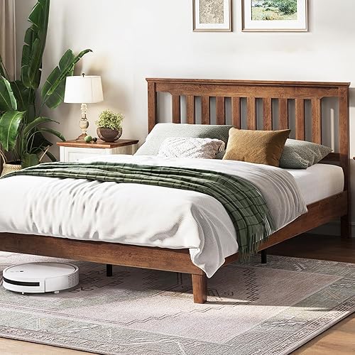 LINSY Marco de cama de madera maciza, marcos de cama matrimonial con cabecero y bases de listones, marco de cama moderno de mediados de siglo, no