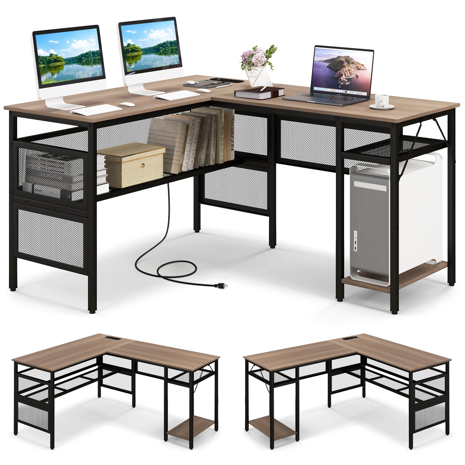 Giantex L Shaped Desk with Power Outlets & USB Ports, Reversible Corner ...