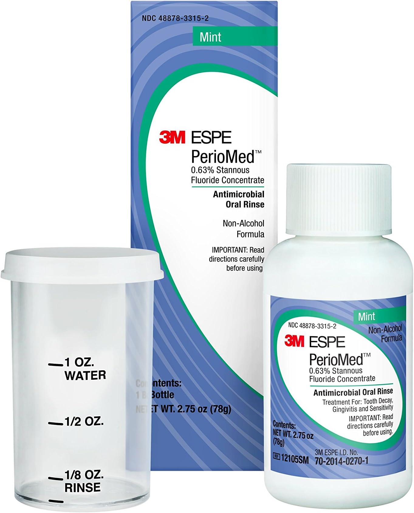 3M 70201402701 PerioMed Stannous Fluoride Oral Rinse with Mixing Cups, 0.63%, Concentrate, Mint, 2.75 oz. Bottle