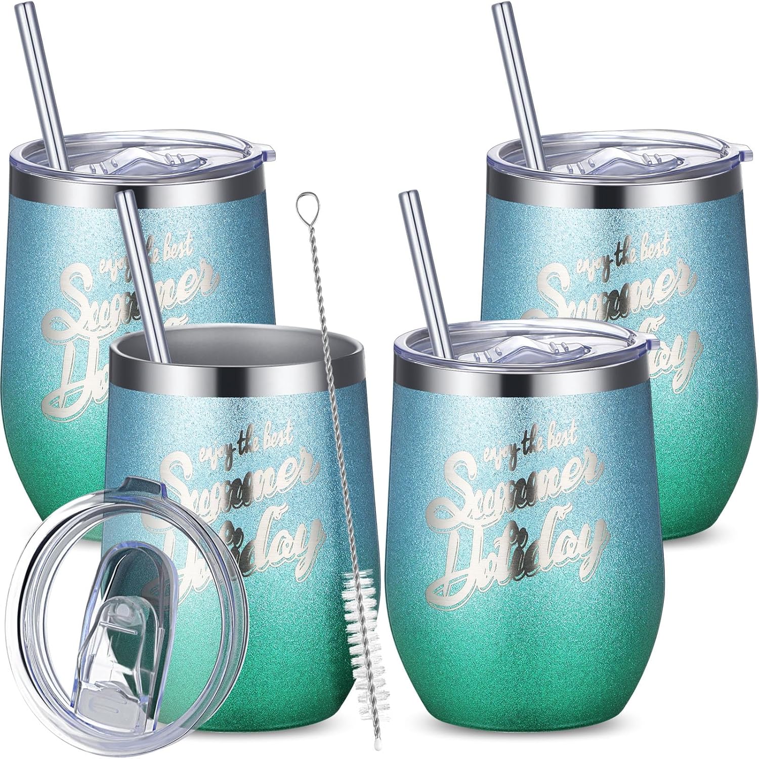 Tioncy 4 Pieces 12 oz Glitter Summer Tumbler Cups Hawaii Sea Vacuum Wine Cup Insulated Stainless Steel Travel Mug Tumblers with Lid and Straw Sea Pool Party Vacation Gifts