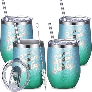 Tioncy 4 Pieces 12 oz Glitter Summer Tumbler Cups Hawaii Sea Vacuum Wine Cup Insulated Stainless Steel Travel Mug Tumblers with Lid and Straw Sea Pool Party Vacation Gifts