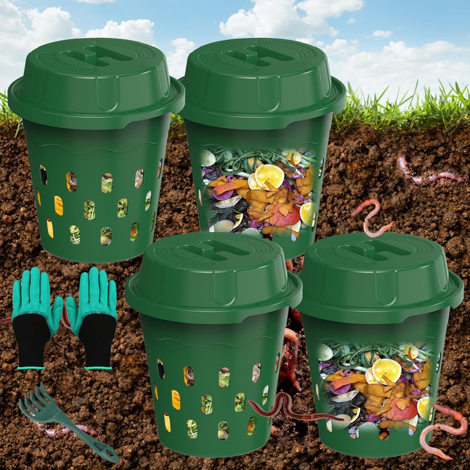 2-Pack Inground Worm Composter, Outdoor Worm Compost Bin for Garden Beds & Home Use, Vermicomposting Bin for Beginners (9.5x9.5x10.8Inch), Green