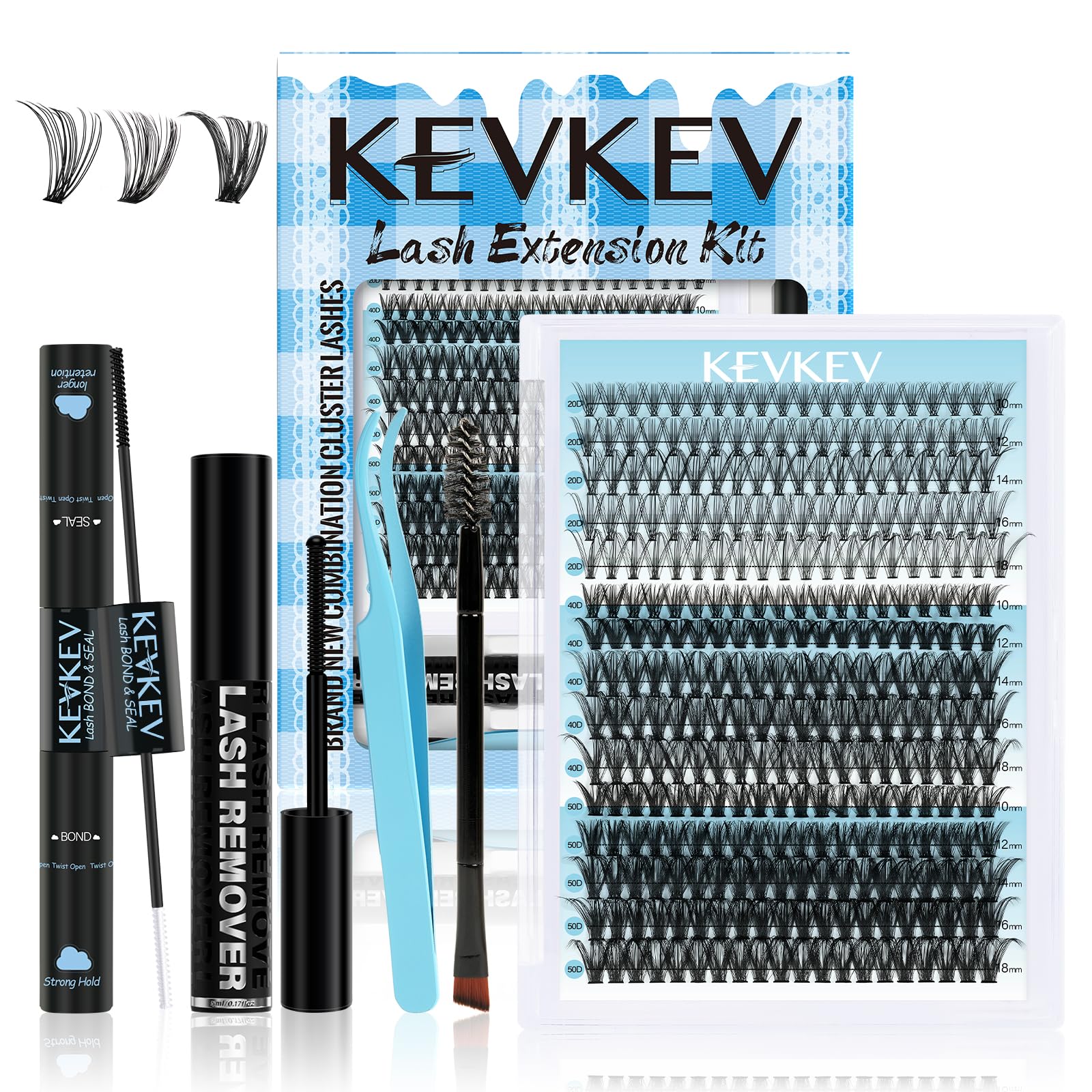 KevKev Lash Extension Kit 300Pcs DIY Eyelash Clusters Kit Eyelash Extension Kit with Loop and Seal Eyelash Remover Wispy Lashes Applicator Look Like Extensions Gift Kit (20D+40D+50D, D-10-18mix)