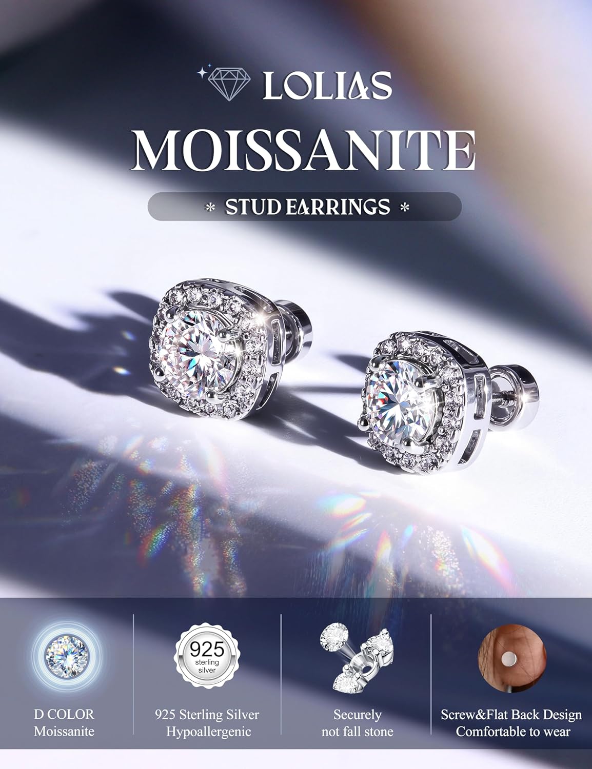 LOLIAS Moissanite Stud Earrings - Hypoallergenic Flat Back Earrings for Women Men- 925 Sterling Silver Halo Square Stud Earring - 14K White Gold Plated Brilliant D Color VVS1 Moissanite Jewelry