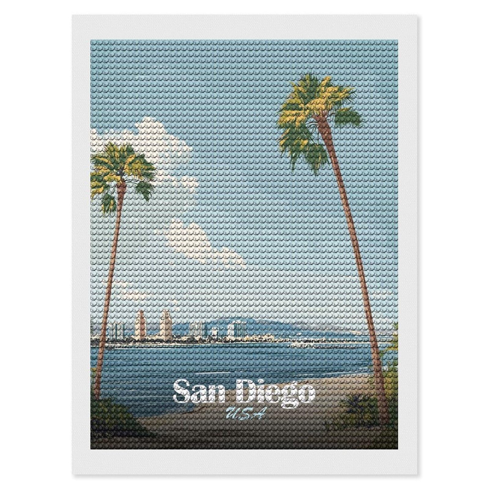 Junmoney San Diego Palm Tree Skyline Diamond Painting Set 12"x16", Holiday Gift Idea, for Creative Relaxation, Fun Craft Experience, Vintage Style Decor