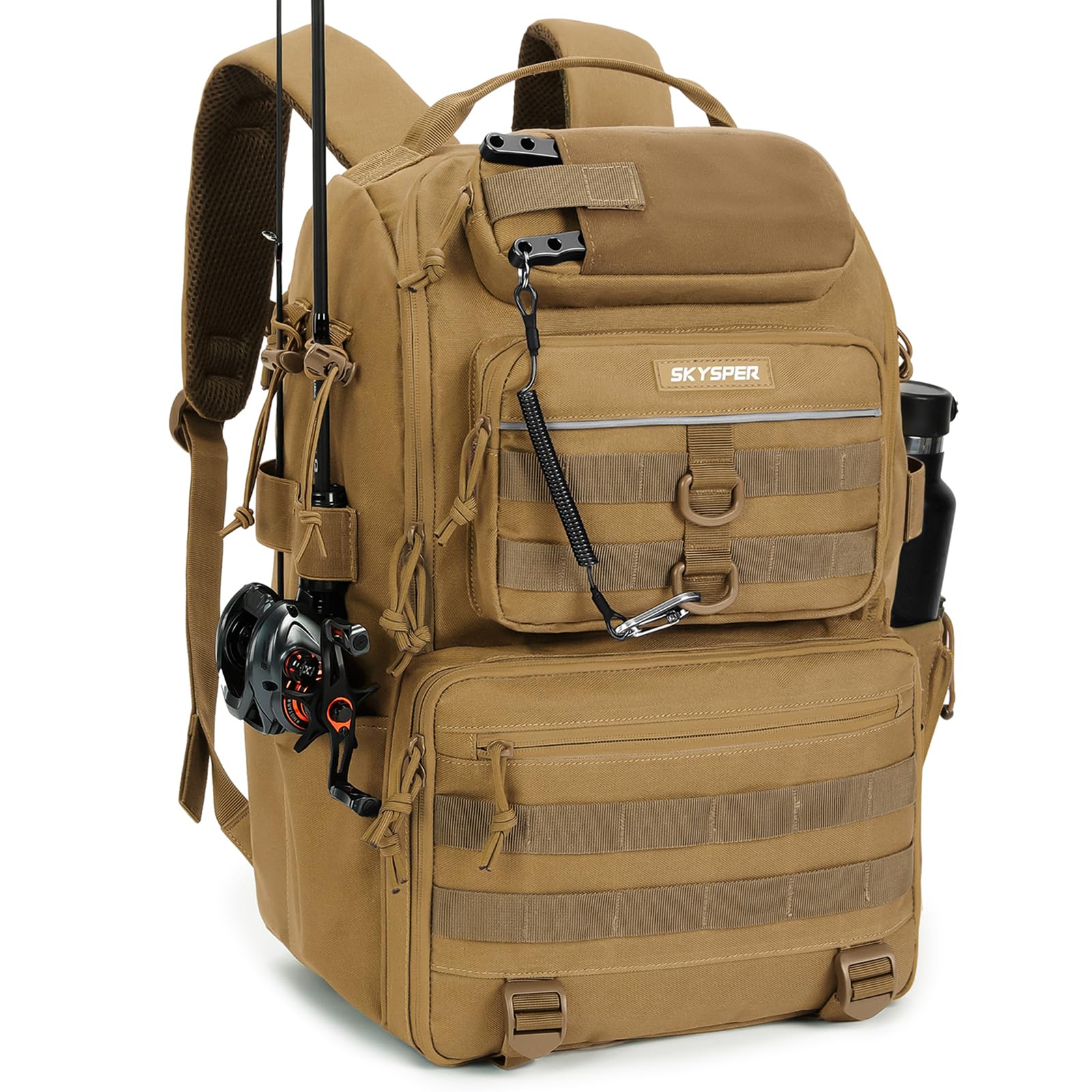 SKYSPER Tackle Backpack Fishing Bags with Rod Holder, 40L Water-Resistant Tackle Box Storage Bag for Fishing Gear Lures(Khaki)