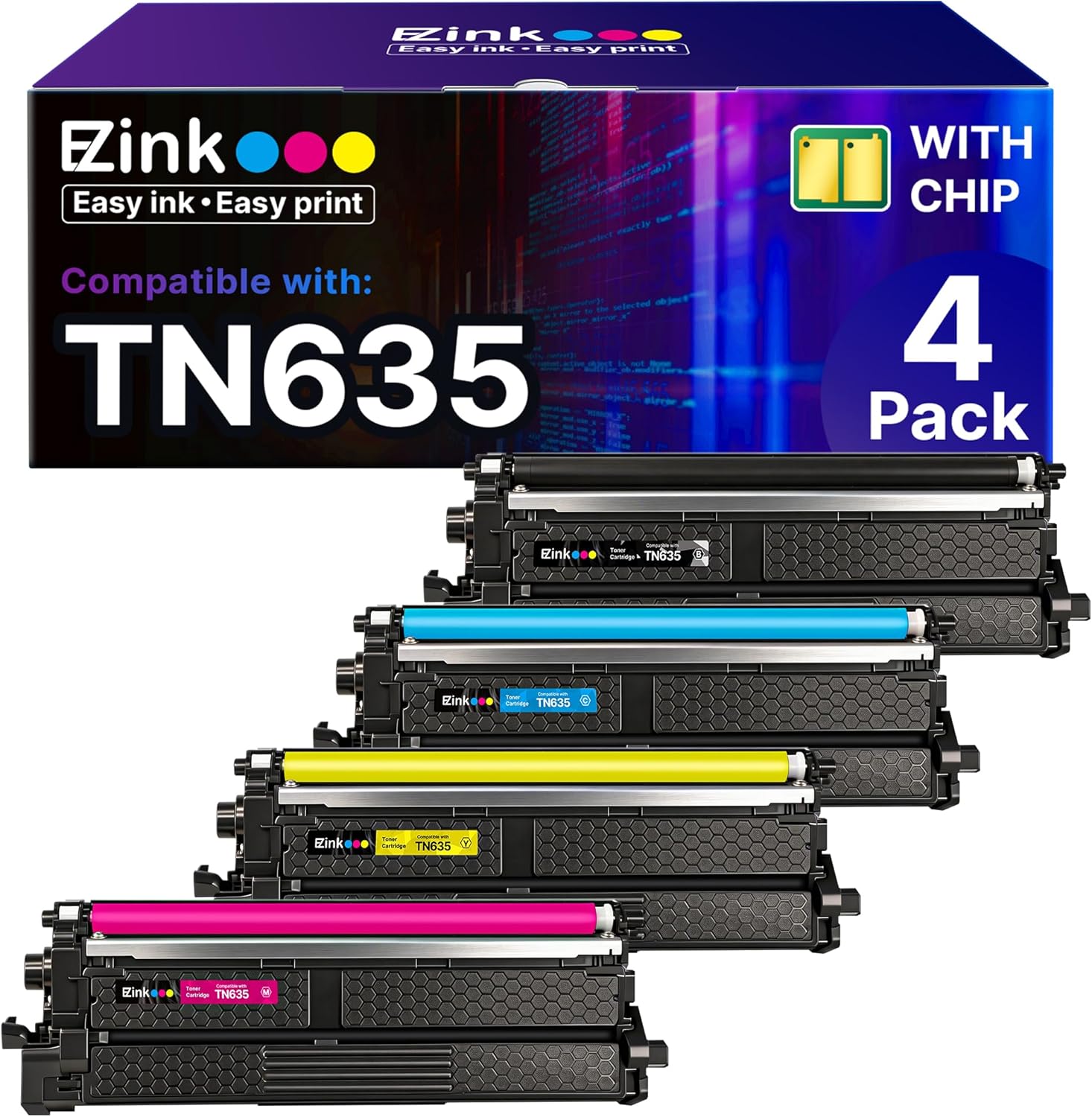 E-Z Ink TN635 Toner Cartridge with MFC-L8930CDW Compatible for Brother TN635 TN 635 TN-635 High Yield to Use with MFC-L8730CDW HL-L8430CDW HL-L8570CDW MFC-L8970CDW EX575 Printer (4 Pack, with Chip)