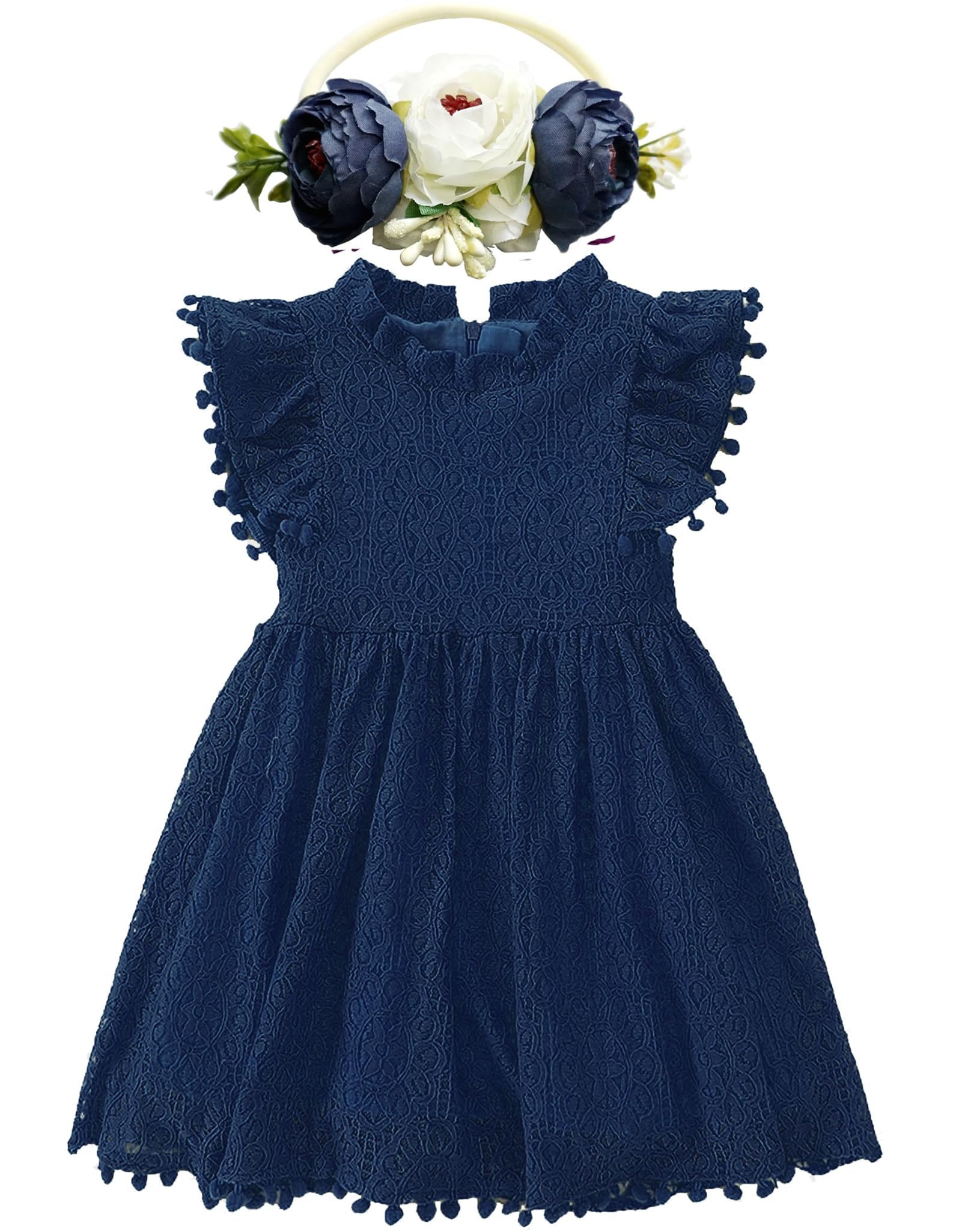 BGFKS Baby Girl Tutu Dress Elegant Lace Pom Pom Flutter Sleeve with Flower Headband Set