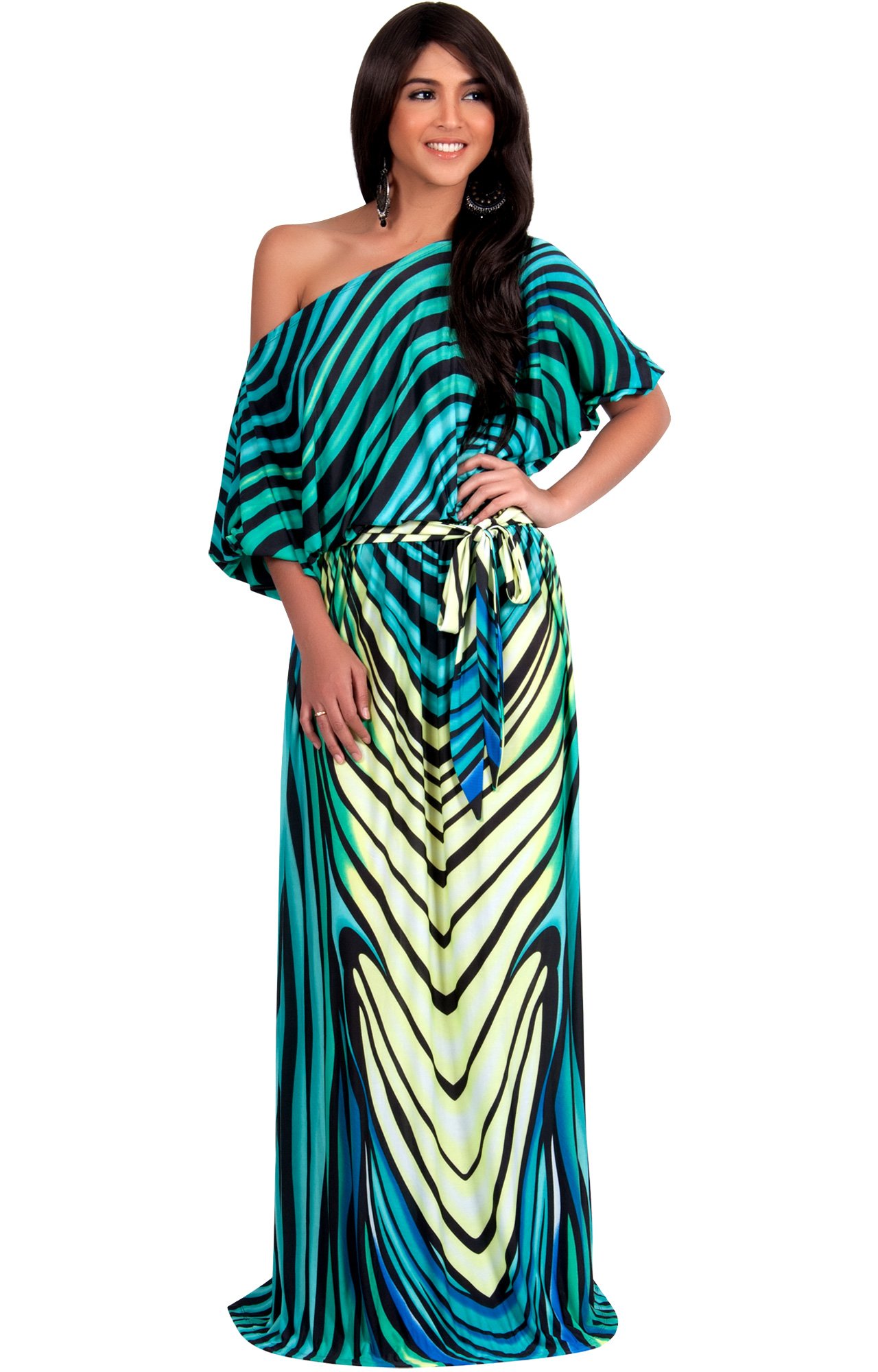 KOH KOH Women's One Shoulder Bright Abstract Print Elegant Cocktail Maxi Dress