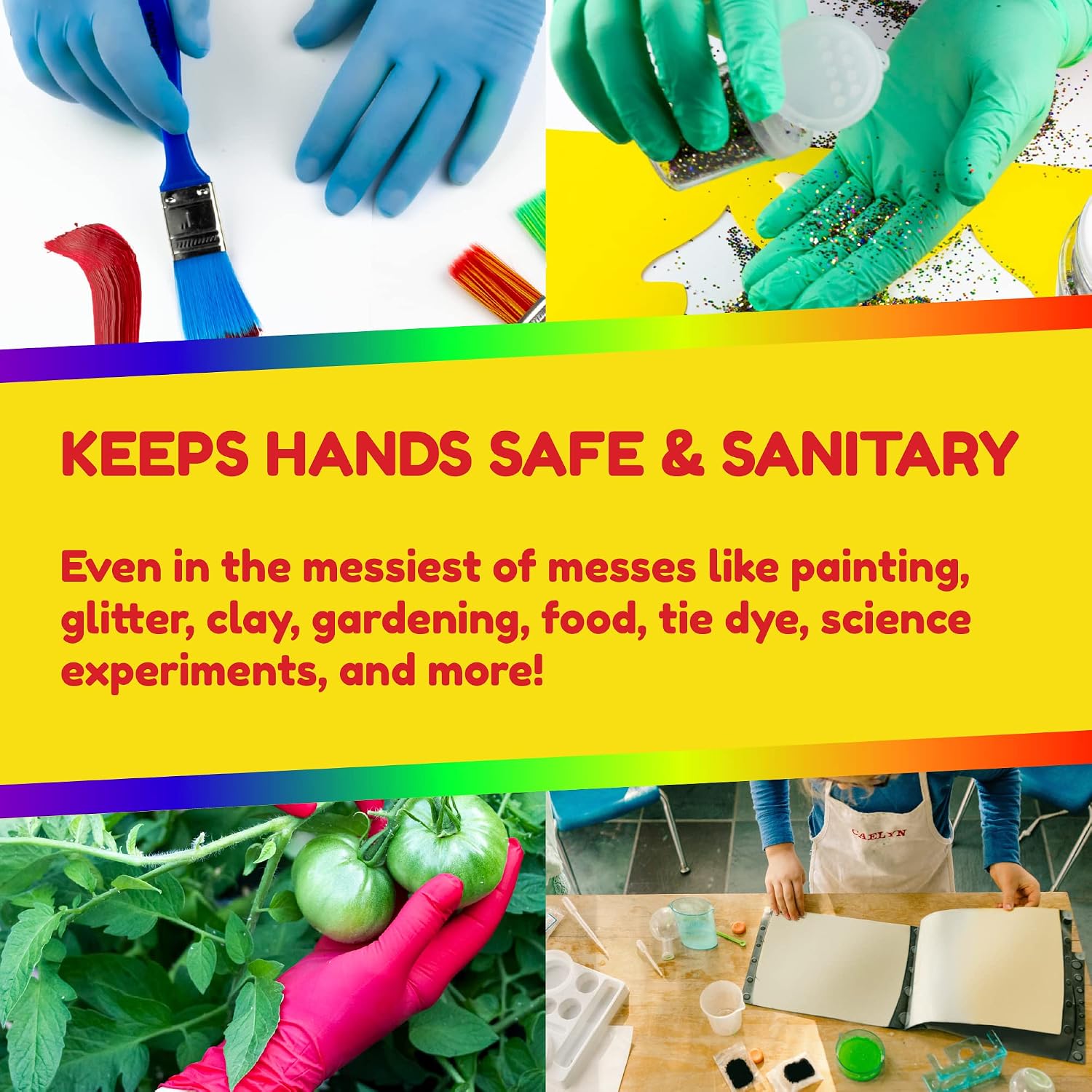 Hygloss Kids Disposable Gloves, 100 Pcs Colorful Nitrile Glove for Kid, Small Size Latex-Free, Powder-Free Gloves for Tie-Dye, Crafts, Cooking, Cleaning - Age 5-12