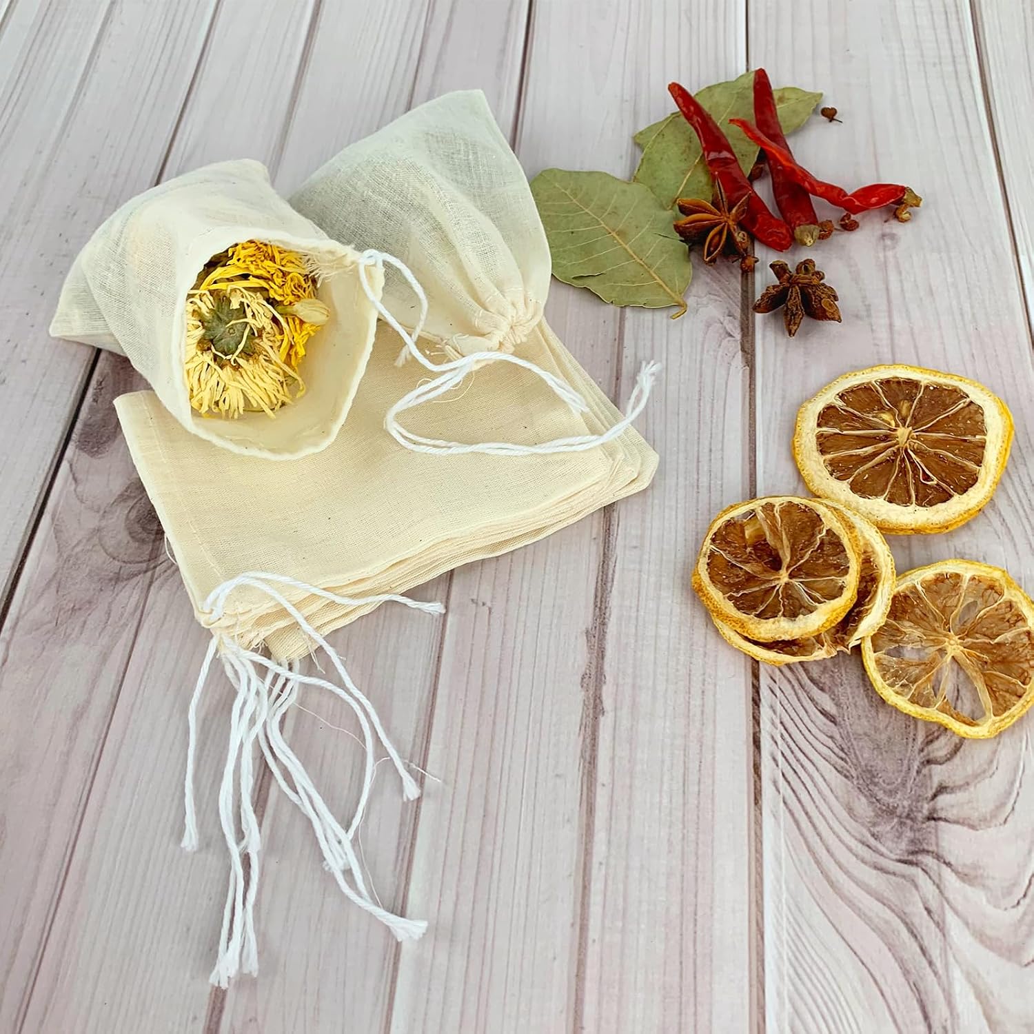 10Pcs Spice Bags for Cooking, Beige 4.25in×3.15in Cotton Soakable & Boilable, Strainer/Herbs & Act as Reusable Tea Bags, Fit for Cooking & Tea Brewing