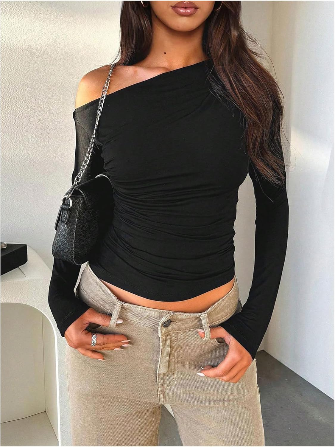 SHENHE Women's Off Shoulder Long Sleeve Fitted Tee Shirt Boat Neck Dressy Going Out Top - Image 3