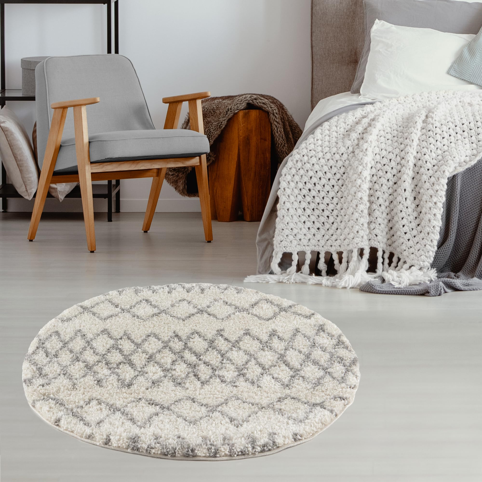 The Rugs Grey Soft Tangier Shaggy Rugs & Runners Ivory & Living Room | Size: 120Cm Diameter