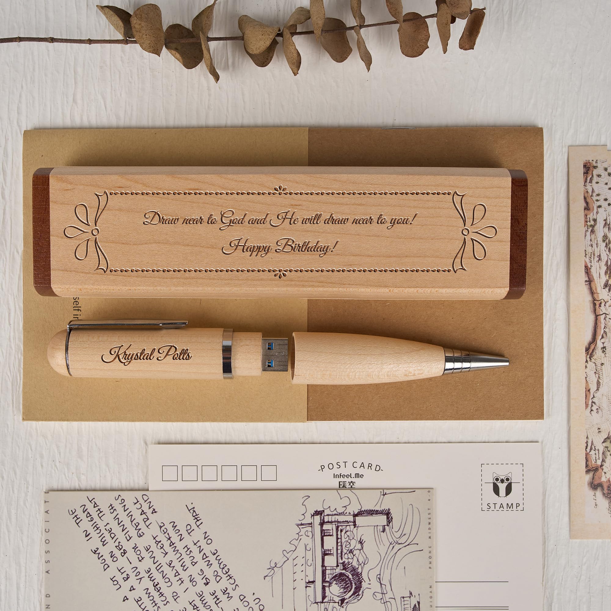 Penna in legno personalizzata con chiavetta USB, chiavetta USB 3.0 in legno personalizzata con incisione con penna e scatola, memory stick portatile, penna a sfera (Frame, 256GB)