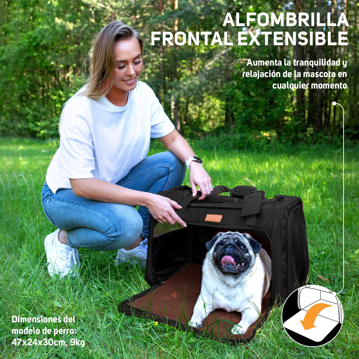 PETPROVED Transportin Perro Gato Grande Transportin Perro Pequeño Coche Mediano Trasportines para Gatos Coche Bolsa Transporte Homologado para Avion Cabina (L Negro)
