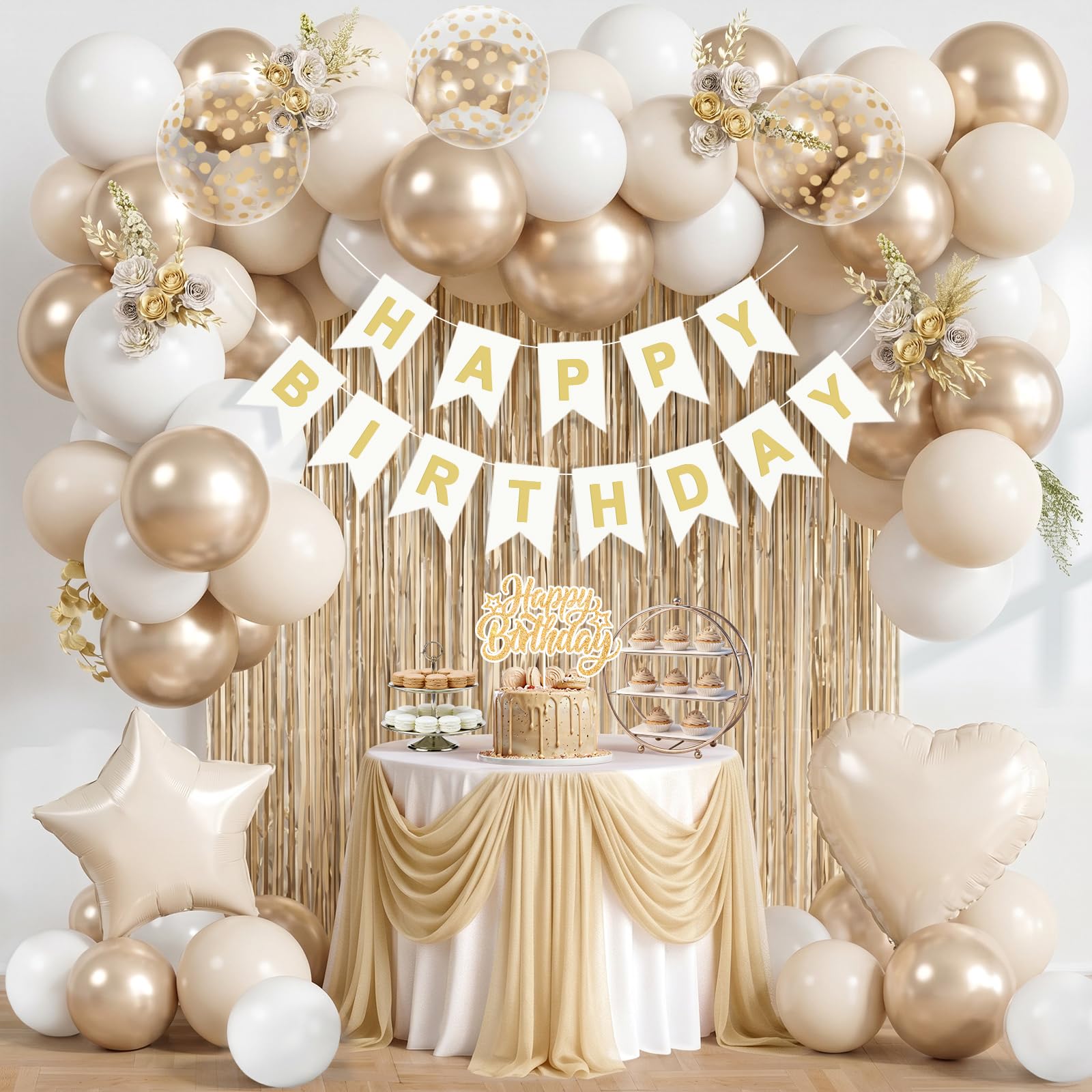 Gold Birthday Decorations, 48pcs Champagne Gold Party Decorations with Happy Birthday Banner Confetti Balloons Tinsel Curtain Star Heart Foil Balloons for Girls Women 18th 40th Birthday Decoration
