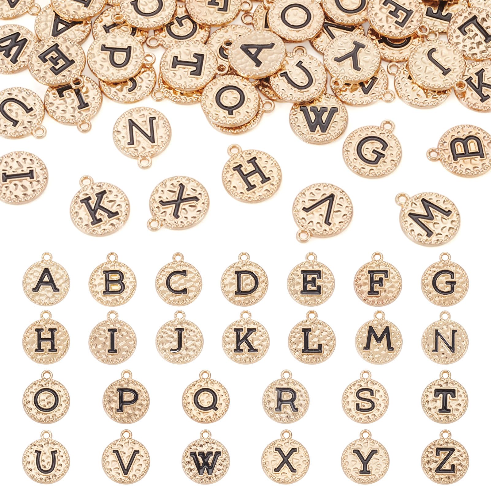 Cheriswelry 52Pcs Letter Enamel Pendants 14.5mm Textured Flat Round Alphabet Charms Disc Coin Letter Dangle Charms for Jewelry Making Necklace DIY Crafts