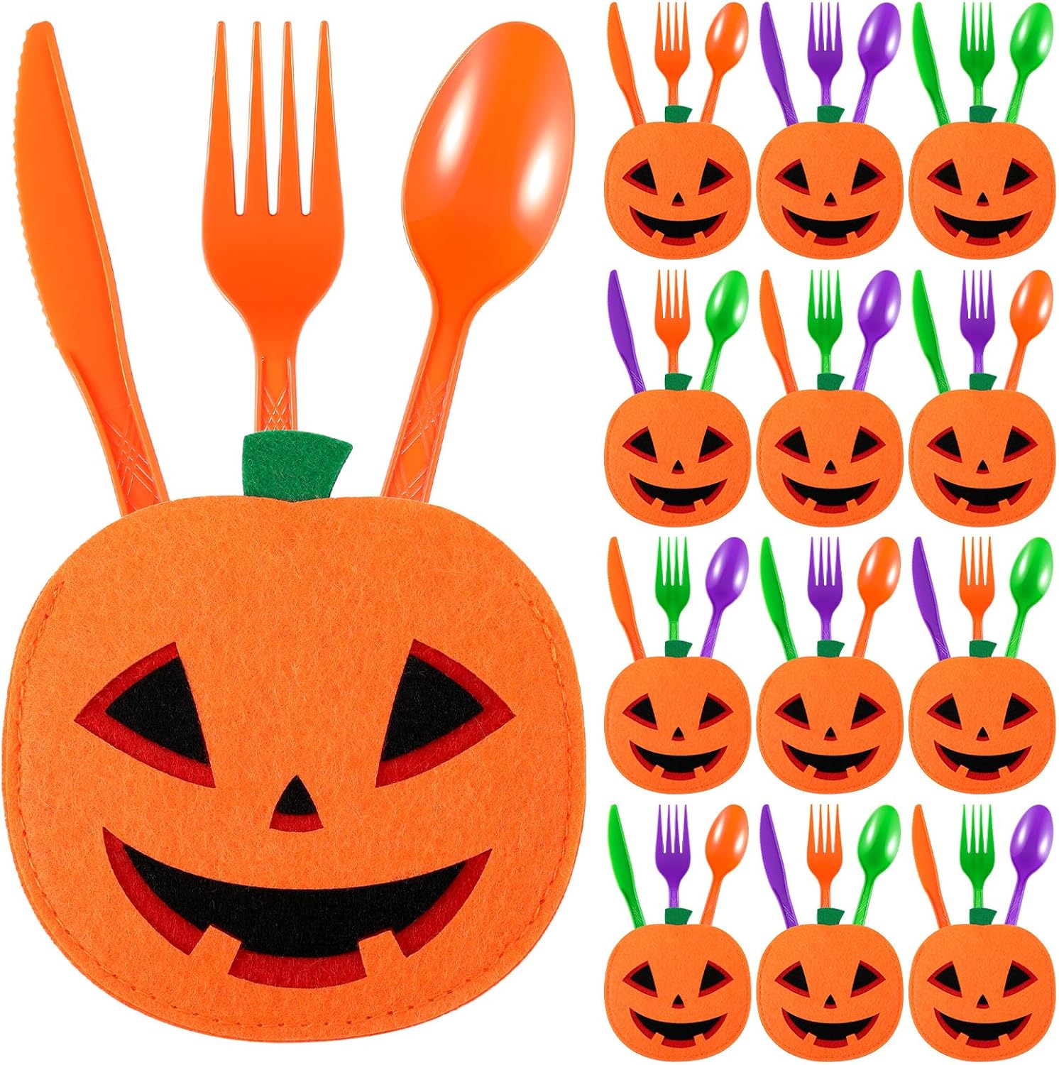 Honeydak 144 Pcs Halloween Plastic Silverware Set Includes 36 Forks 36 Spoons 36 Knives 36 Pumpkin Felt Utensil Holder Bags Purple Orange Green Disposable Plastic Cutlery Set Halloween Party Supplies