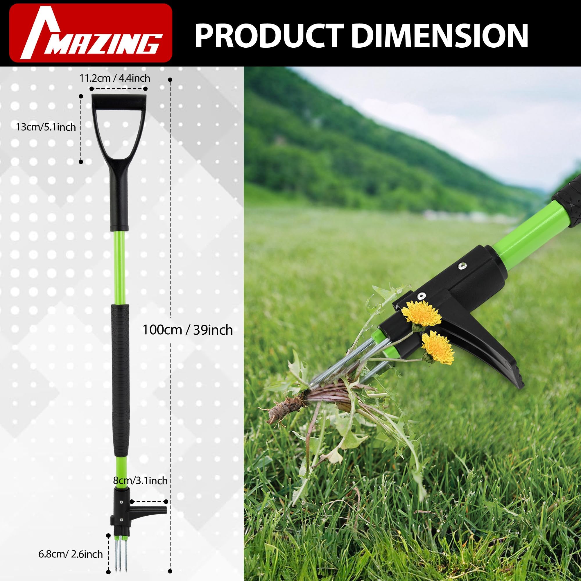 MAZING 3-Krallen-Unkrautziehwerkzeug, ergonomischer D-Griff mit langem Griff für mühelose Unkrautentfernung im Garten, Stand-Up-Unkraut-Unkraut-Werkzeug für Rasen, Hof, Garten, Krabbengras