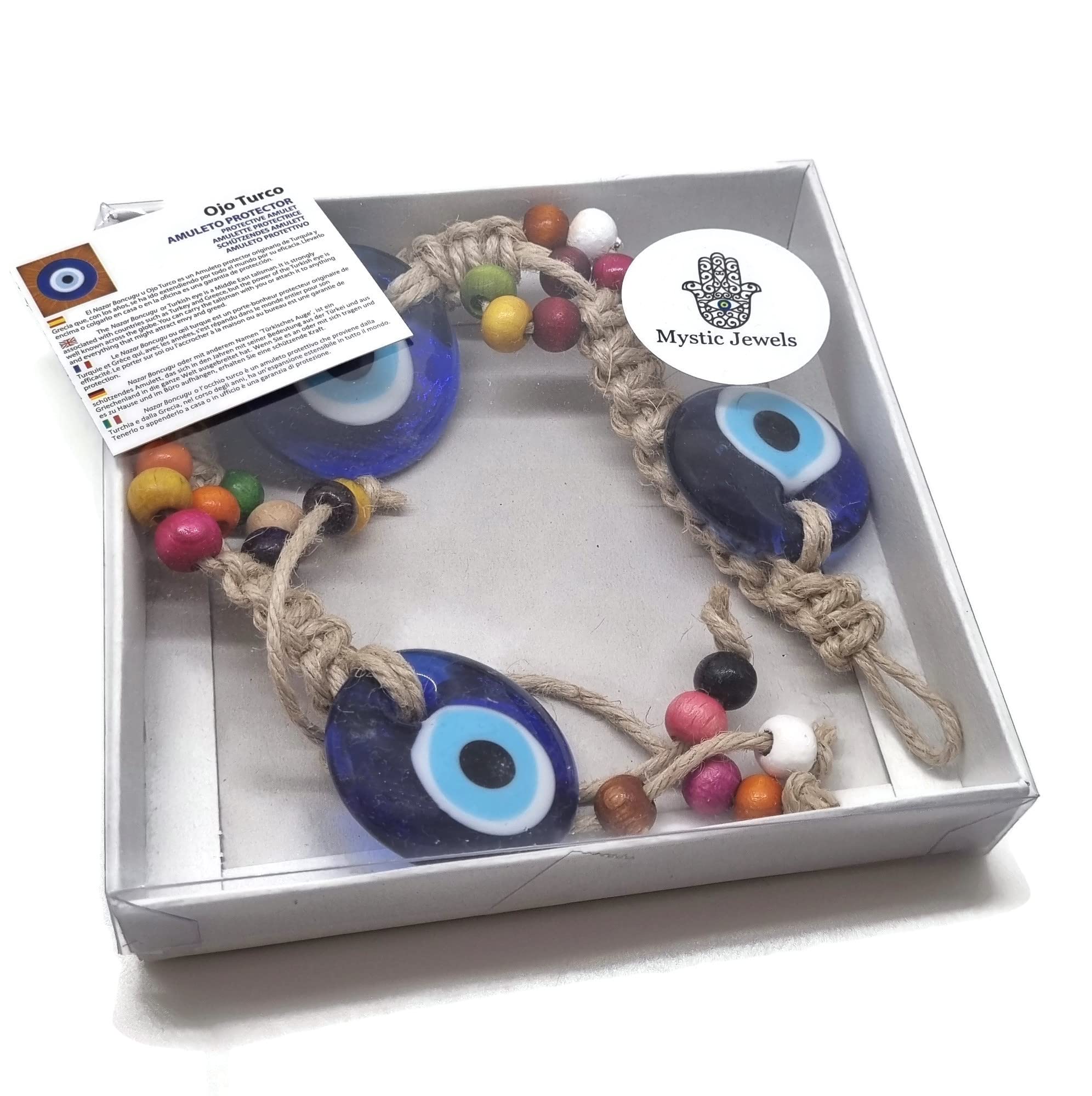 MYSTIC JEWELS - Ornamento decorativo per occhi turchi, vetro blu e bianco, amuleto portafortuna con cornice dorata, 3 dimensioni (medio