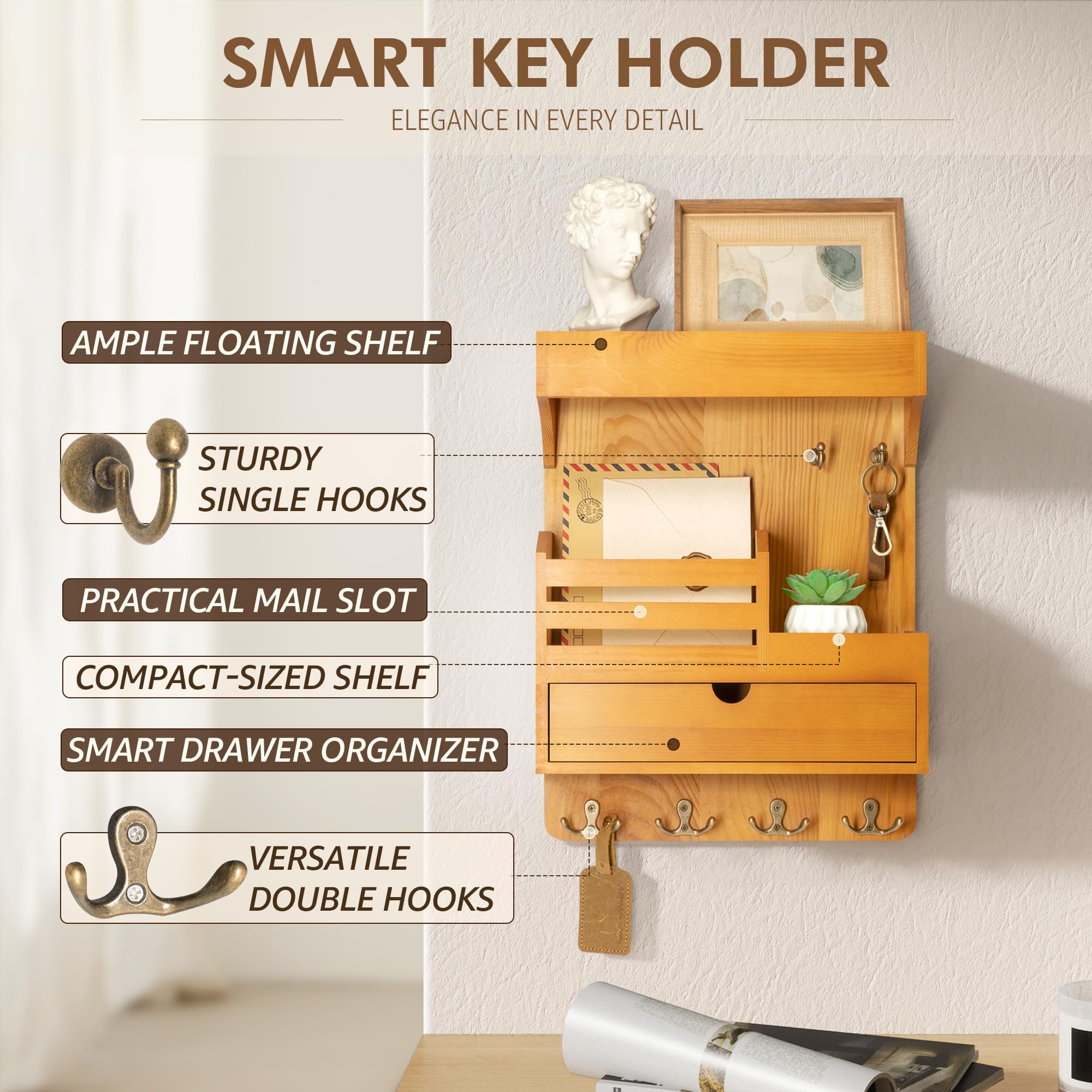 Moderno portachiavi da parete con organizer per cassetti, pratico organizer per posta e chiavi, con 6 ganci resistenti e mensola sospesa da parete, ideale per illuminare l'arredamento della tua casa