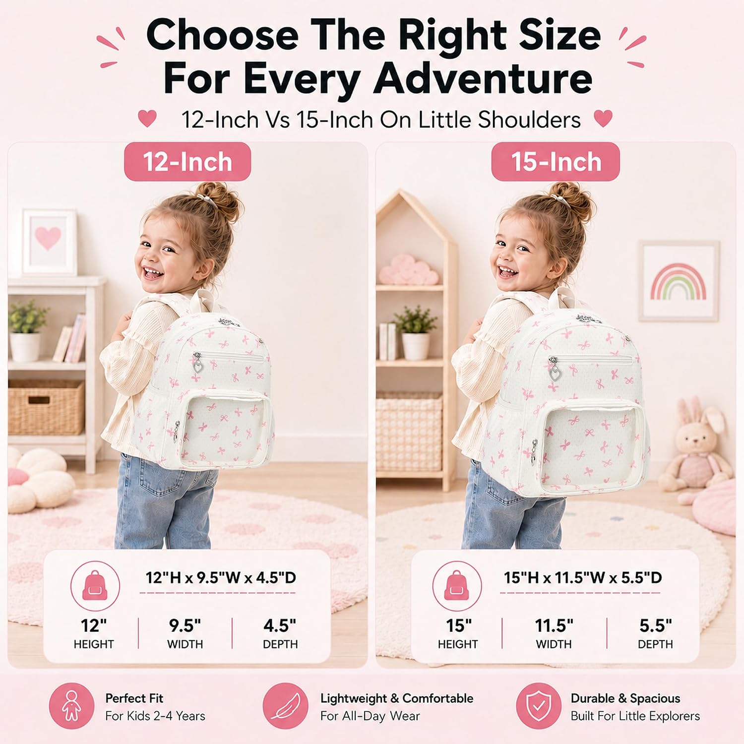 LEDAOU Toddler Backpack for Girls Ages 2-4, Preschool Backpack with Clear Front Pocket, 12 Inch Corduroy Daycare Bag, Lightweight Mini Kids Back Pack image 3