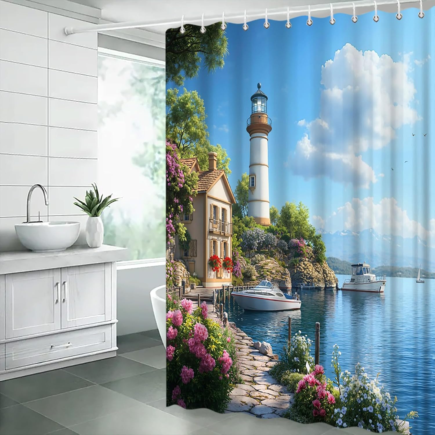 GCTNBJL Ocean Lighthouse Shower Curtain Italian Floral Street Sea Scenery Venice Blue Extra Long Bathroom Home Curtain with Hooks,70x78 Inch