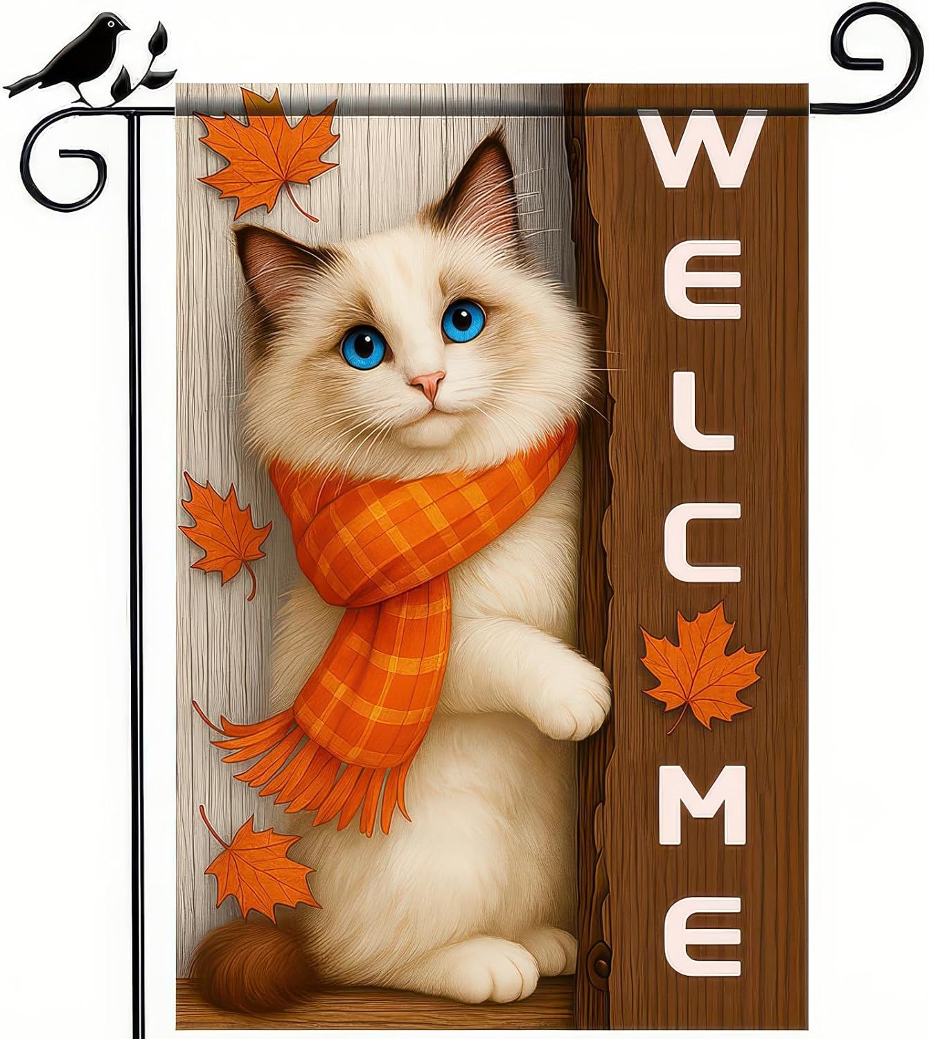 Thanksgiving Fall Garden Flag 12x18 Inch Welcome Blue Eyed Cat Outdoor Flag Double Sided Autumn Kitten Yard Banner with Orange Scarf Pet Decor for Porch Lawn Patio