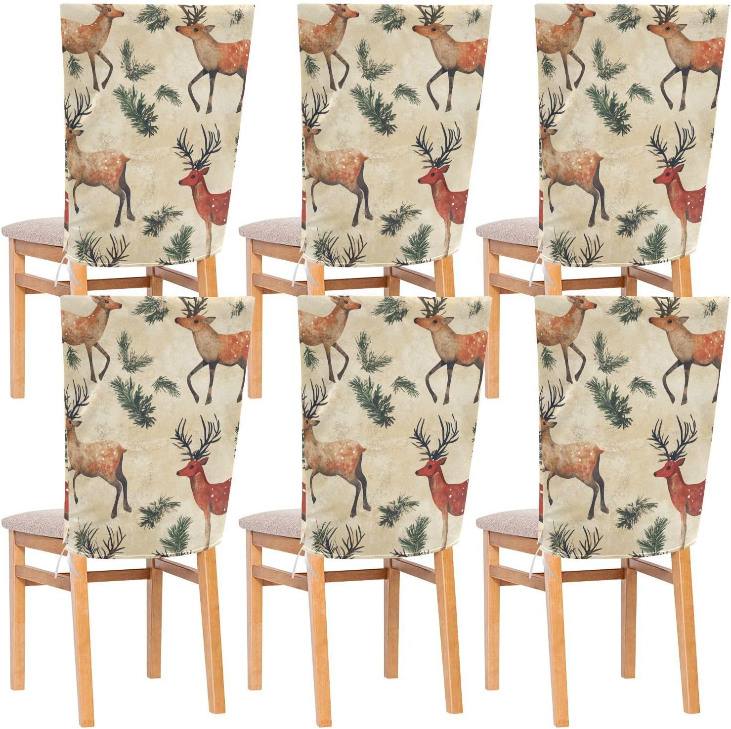 ALAZA Christmas Vintage Reindeer Chair Back Cover Set of 6, Washable Reusable Removable Chair Slipcovers Decorative Chair Cover for Home Kitchen Wedding Party