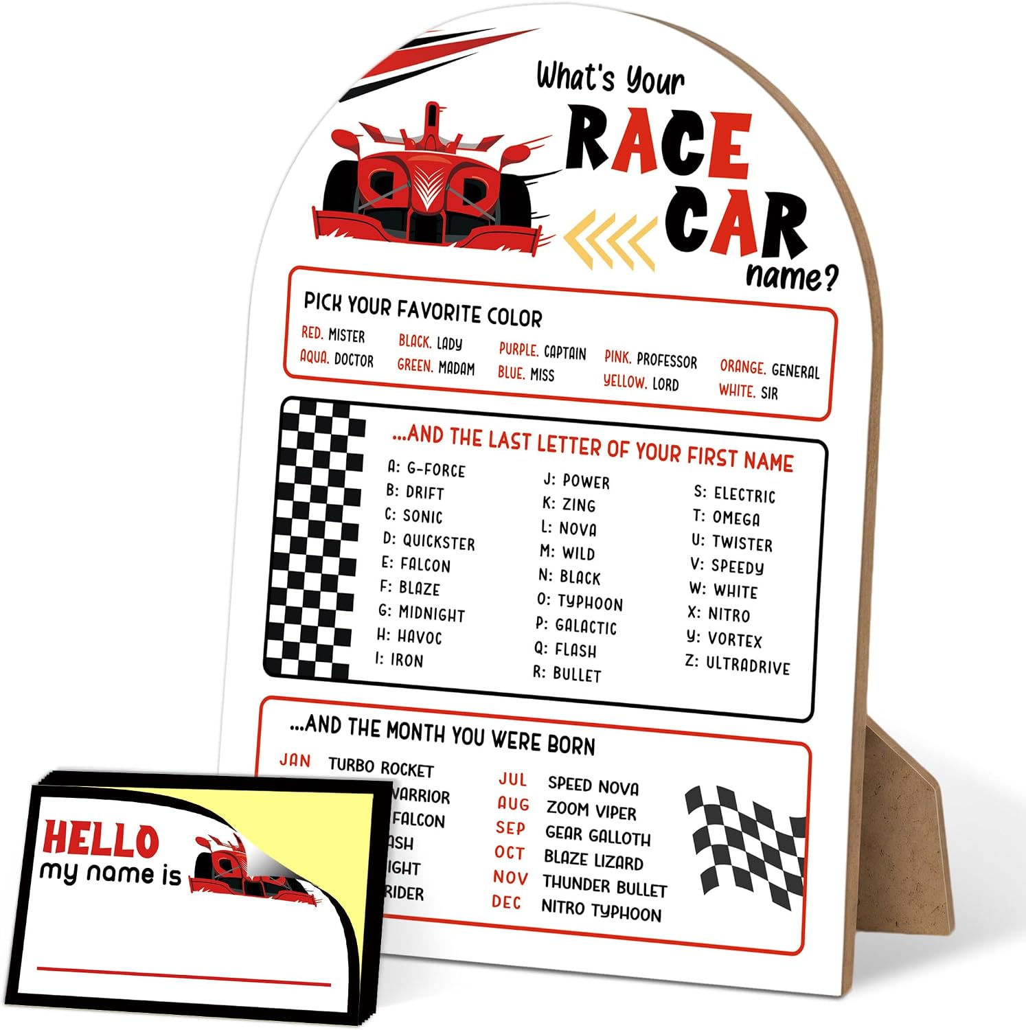Race Car Birthday Party Decoration, What's Your Race Car Name Game, 6x8 Arch Wooden Sign with 30 Stickers, Race Car Party Supplies, Party Decor for Baby Shower Family Class Office Activity