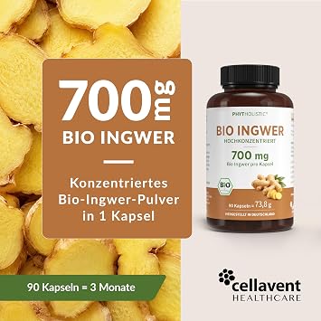 Organic Ginger Capsules - High Dose 700 mg Ginger Powder per Day - Only 1 Capsule Daily - 3-Month Supply - Organic & Vegan - No Gelatin and Fillers - Made in Germany PHYTHOLISTIC®