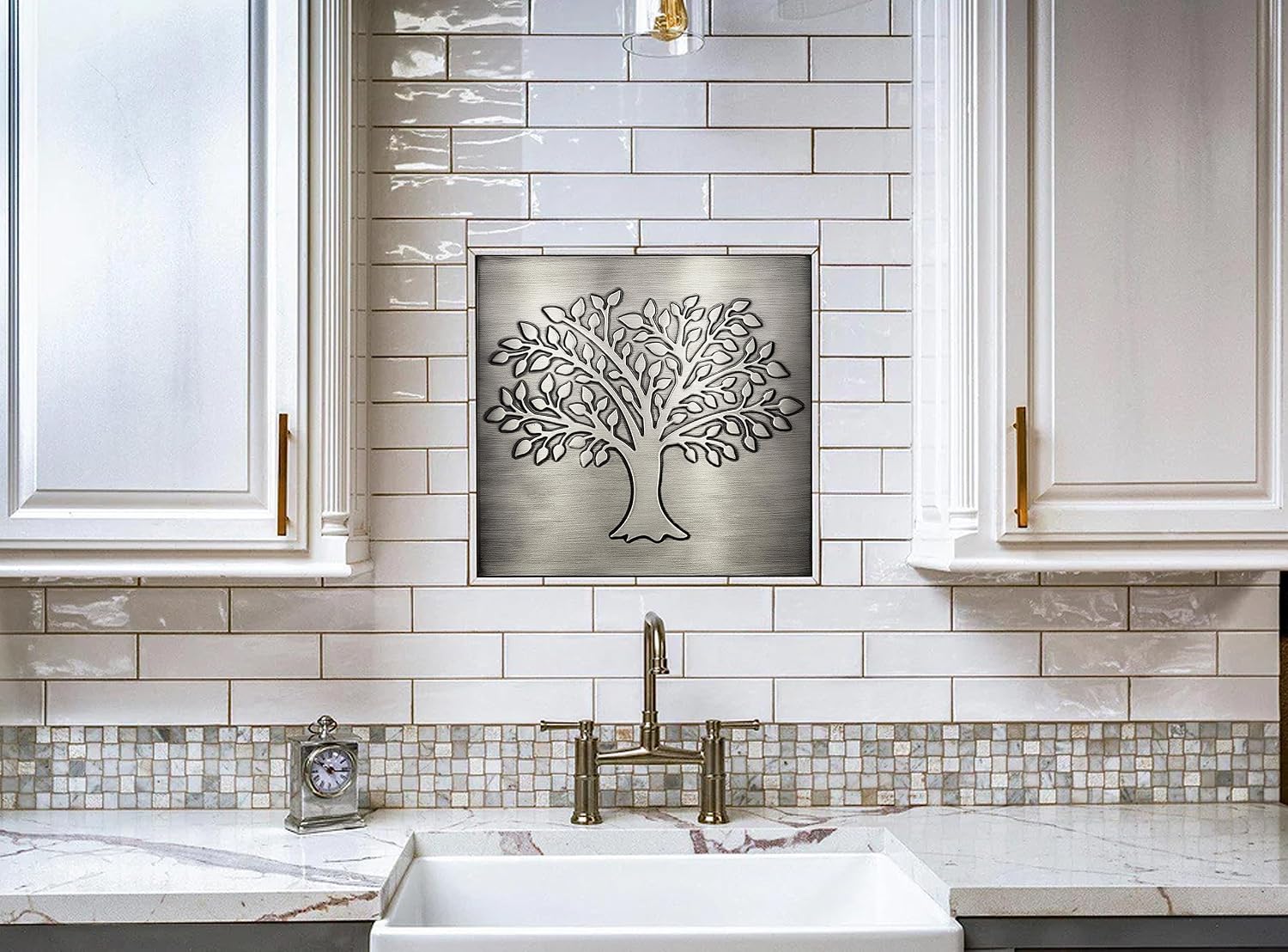 Handmade Steel Kitchen Backsplash Tiles - Tree of Life - 15.75 x 15.75 Set of 1 Decorative Metal Tiles for Premium Wall Decor, Mural Artwork, and More