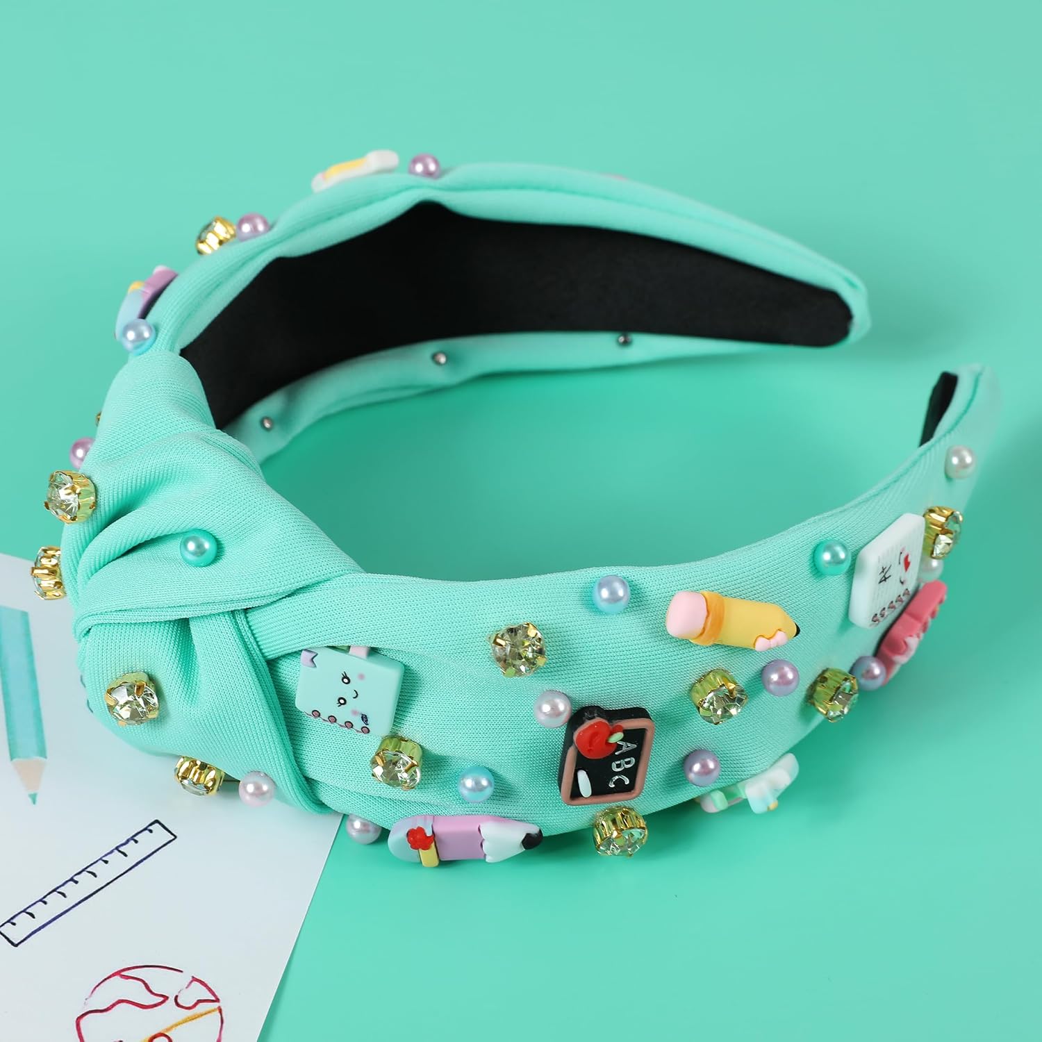 Back to School Headband for Women Girls Teacher Jeweled Knotted Headband Cute Apple Pencil Calculator Book Embellished Hairband Beaded First Day of School Hair Accessories image 2