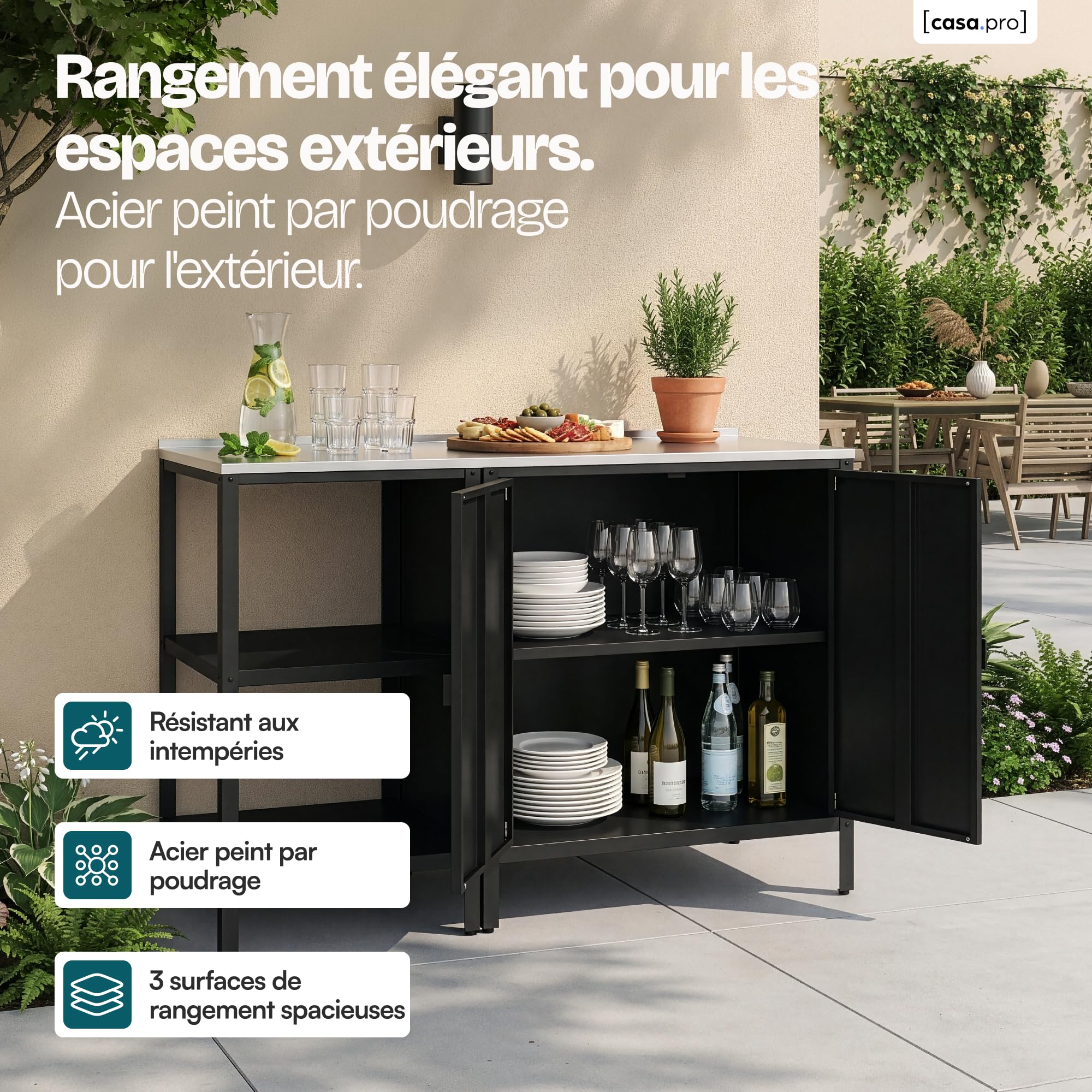 casa.pro Set de Meubles de Jardin Bolognano Étagère d'Extérieur et Armoire de Jardin Rangement pour Terrasse Balcon Garage Atelier Compartiments Ouverts et Fermés Acier Laqué Noir Mat et Argent
