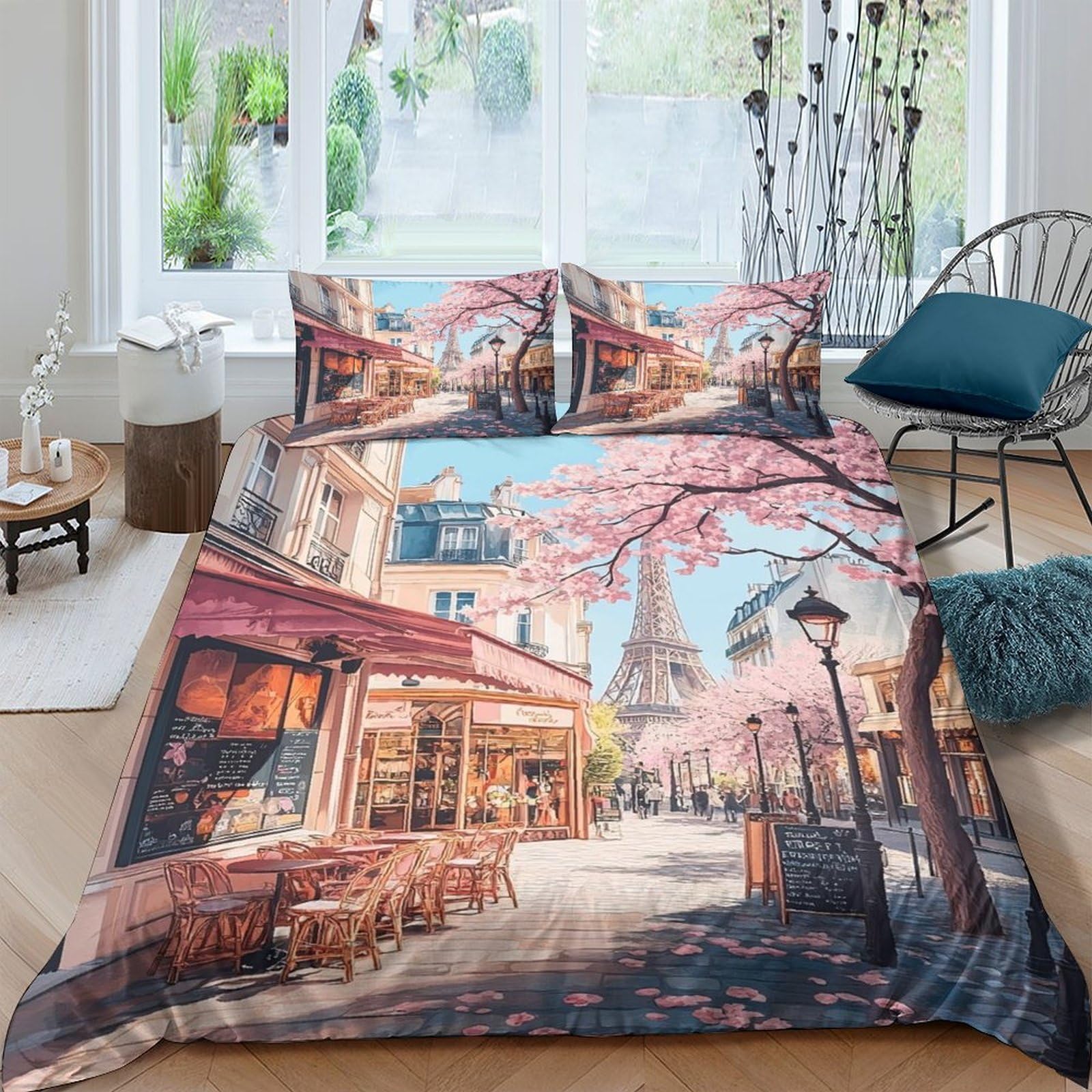 Ctjqhvkz Style-3 3D Printed Paris Street Scene Fitted Sheet Microfiber Soft Decorative Cherry Blossom Bed Cover For Bedroom Guest Room Single（135X200cm）