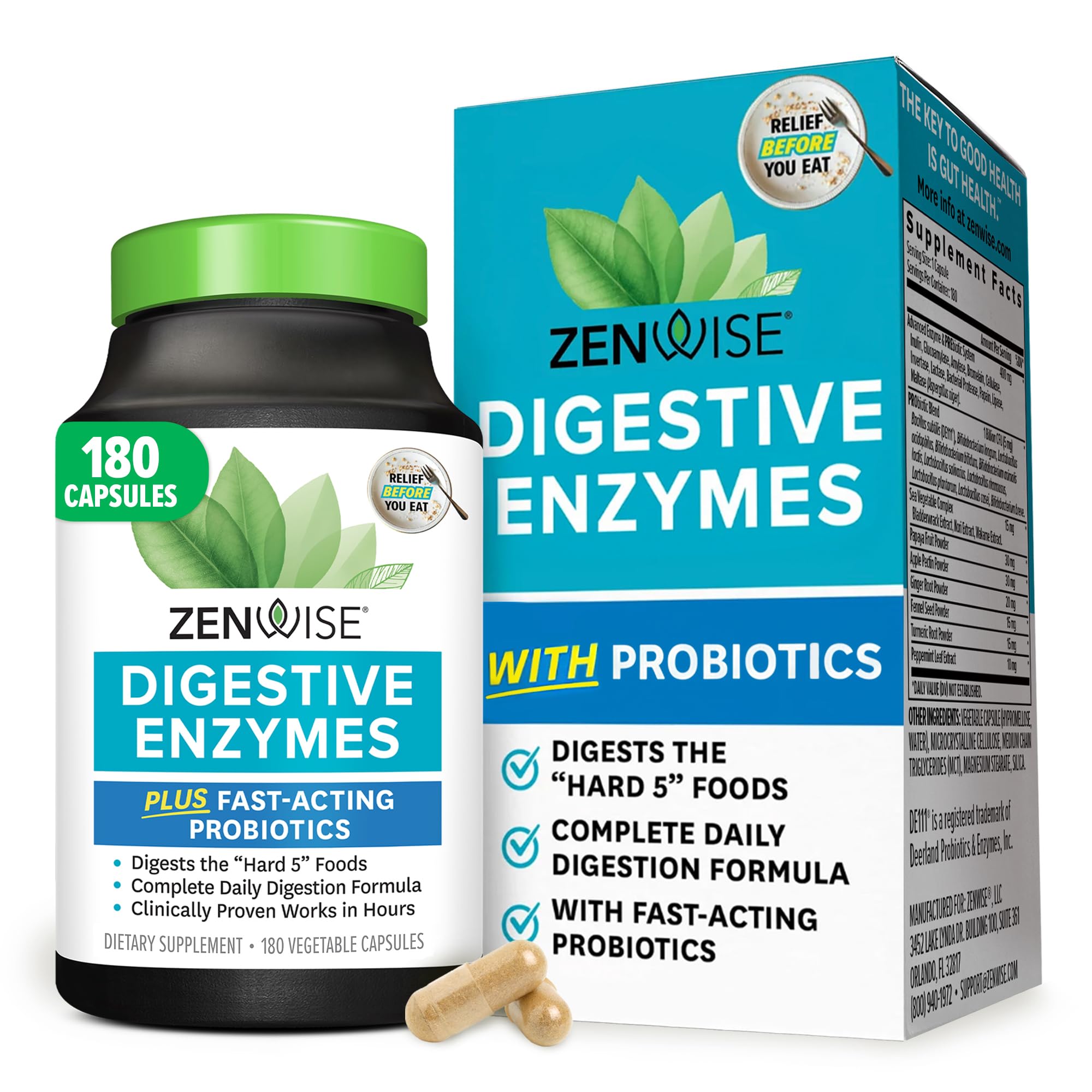 Zenwise Health Digestive Enzymes With Probiotics - Ultra Effective Plant Based Blend - The Best & Most Powerful Digestive Dietary Supplement For Men & Women - 180 Vegetarian Capsules