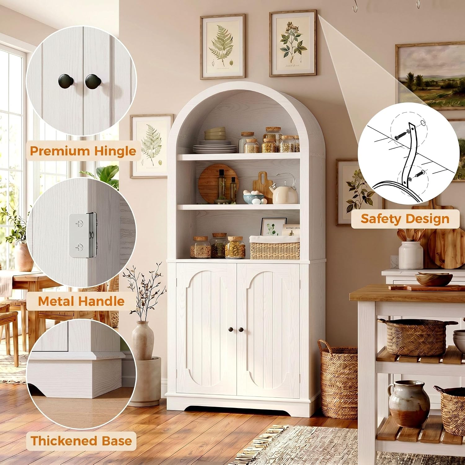 IRONCK 71" Tall Arched Kitchen Pantry Cabinet, Freestanding Storage Cupboard with Adjustable & Open Shelves, Anti-Tip Wall Mount, for Kitchen, Living Room, Dining Room, White