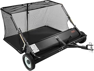 VEVOR Tow Behind Lawn Sweeper, 48 in Pull Behind Yard Sweeper, 26 cu. ft Hopper Bag Capacity, Leaf & Grass Collector with Dumping Rope, Adjustable Sweeping Height, Garden Sweepers for Lawn Farm