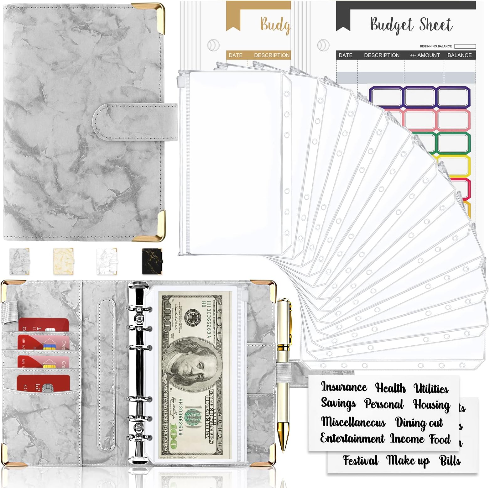 Onlyesh Budget Binder with Cash Envelopes, 28Pcs Marble 6Ring Saving Binder (Grey)