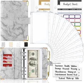 Budget Binder with Cash Envelopes, 28Pcs Marble 6Ring Saving Binder Grey