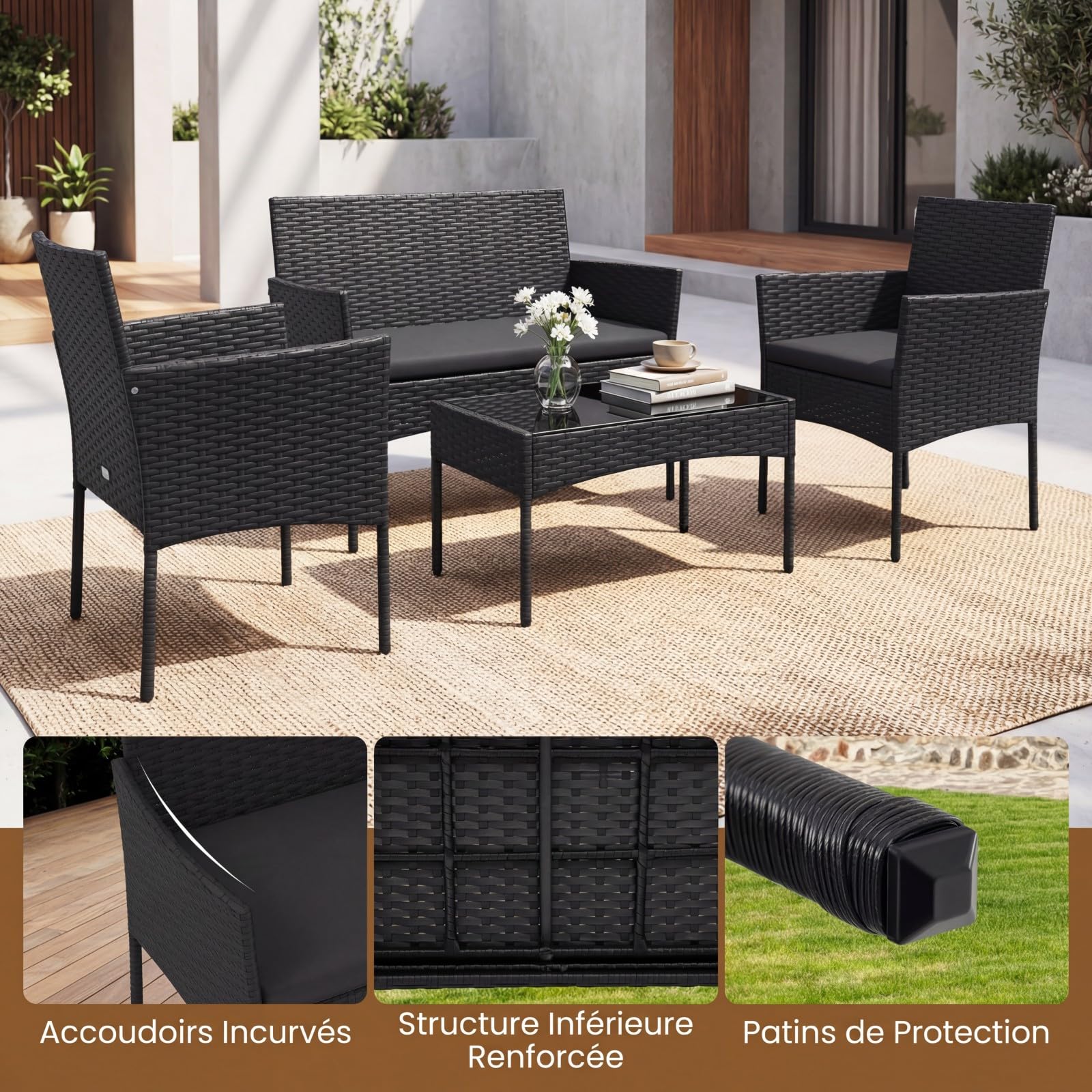 COSTWAY Ensemble Salon de Jardin 4 Pièces en Résine, Mobilier d'Extérieur avec 2 Fauteuils Canapé 2 Places Table Basse Plateau en Verre Trempé Coussins Amovibles, pour Terrasse Jardin (Noir+Noir)