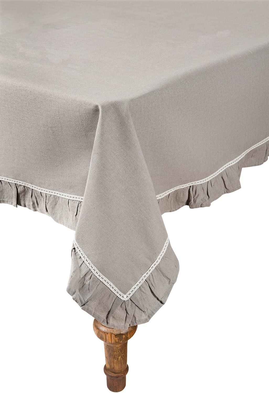 Ruffle Trim Lace Tablecloth, 60 by 84-Inch, Taupe with White