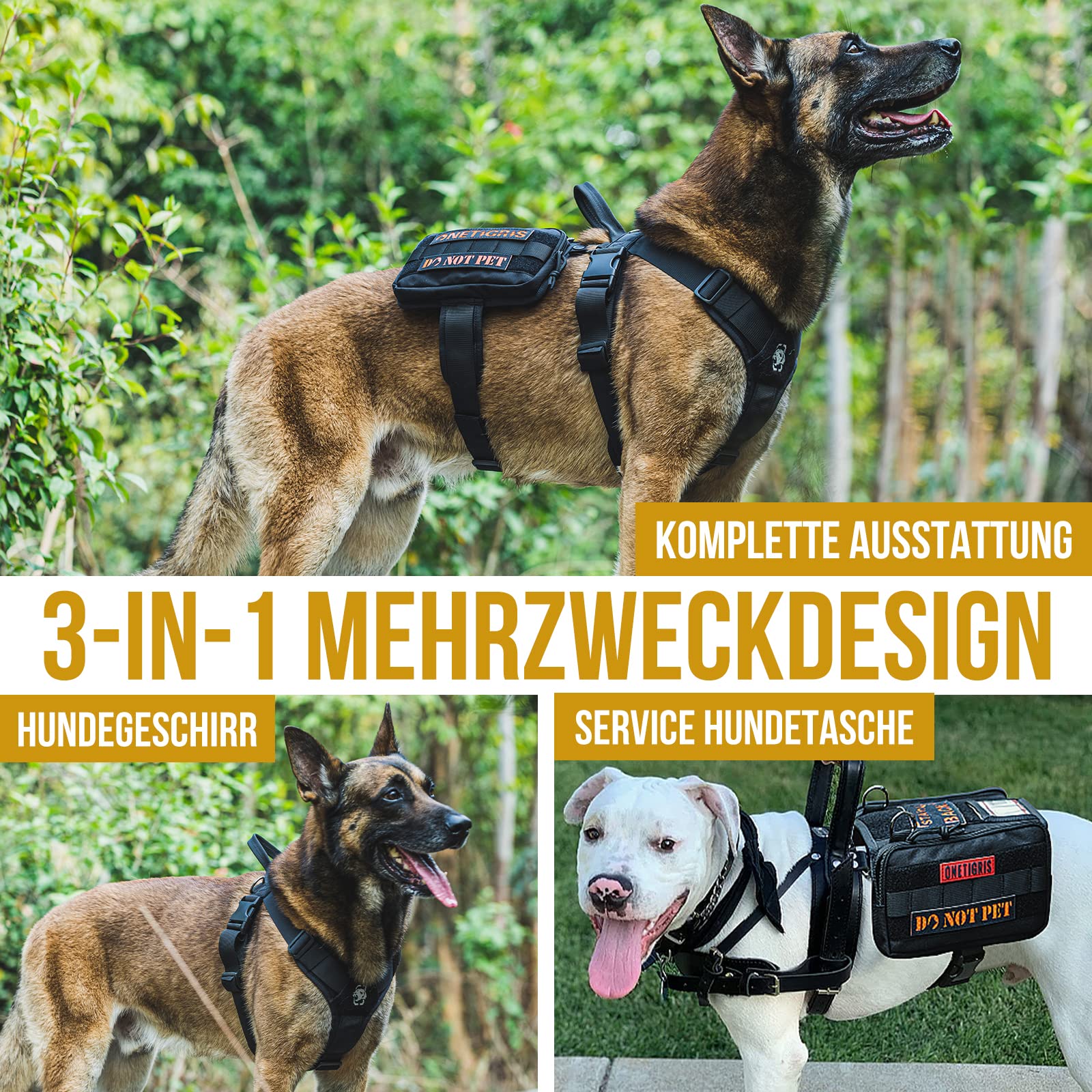 OneTigris Service Hundegeschirr, Guardian Geschirr mit 3 Edelstahl D-Ringen und Großer Kapazität Tasche, Sicherheitsgeschirr für Mittelgroße Große Hunde