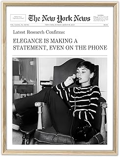 iHery 12x16in Dimensional Natural Wood Audrey Hepburn Newspaper Framed Wall Art,Trendy Elegance Is Making A Statement,Even on The Phone Canvas Wall Decor For Bedroom Living Room 1Pack