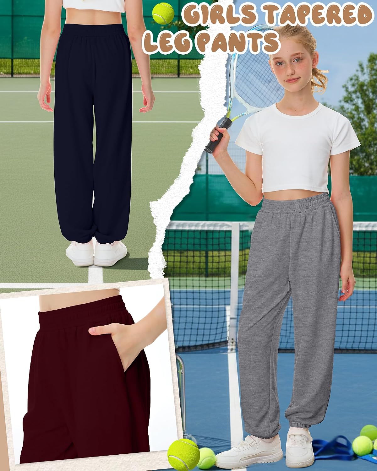 4 Pack Girls Jogger Lightweight Sweatpants Athletic Pants Casual Yoga Elastic Waist with Pocket Kids Tween 5-14Y