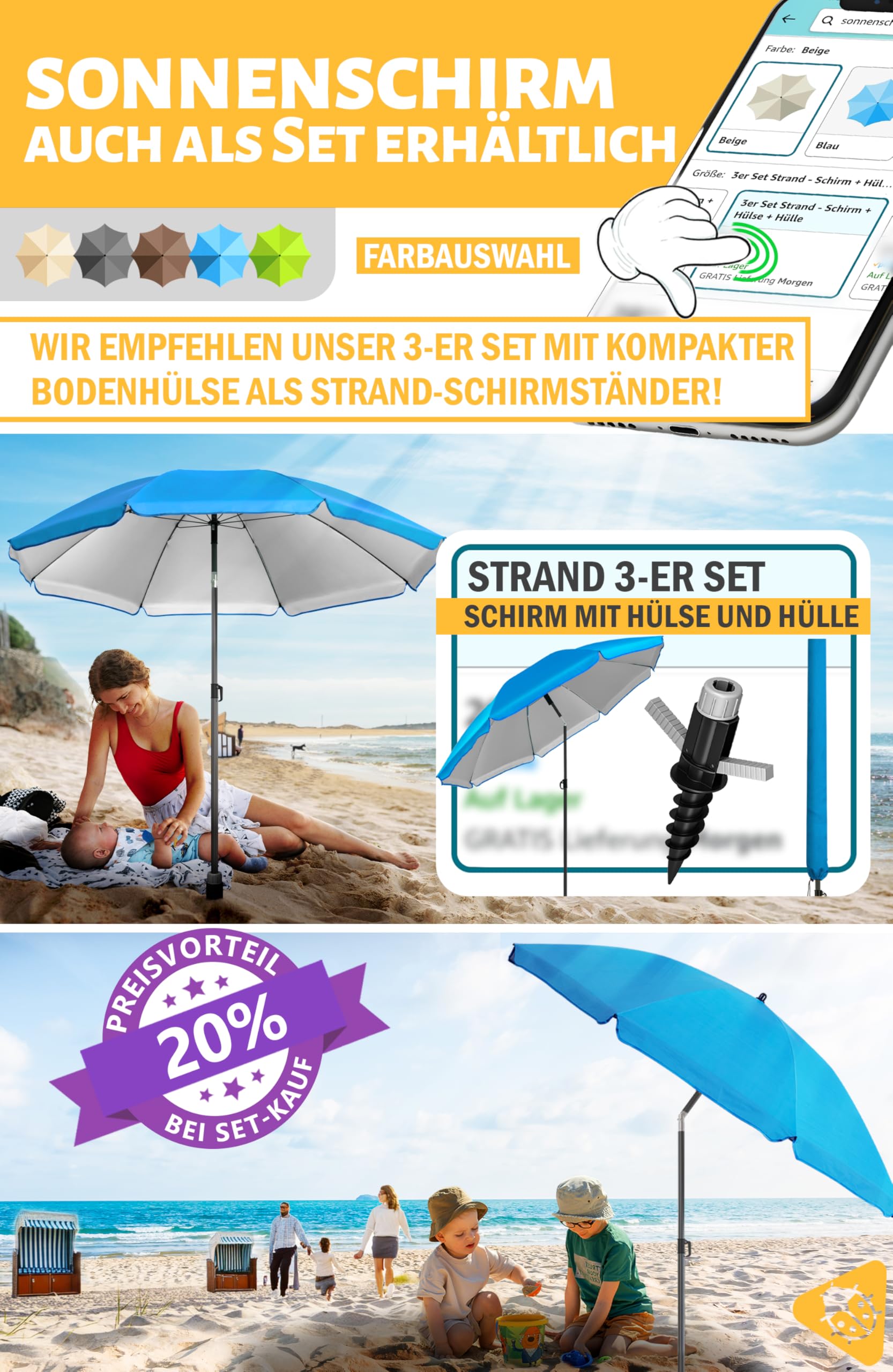 Menz Sonnenschirm Strand - UPF 50+ Sonnenschutz Strand, Strandschirm Ø 180 cm, Sonnenschirm mit Schutzhülle, Strandschirm windfest stabil, Fb. Blau