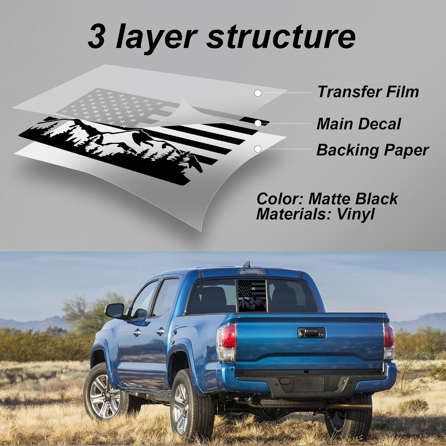Rear Back Middle Window Decal Fits Toyota Tacoma 2005-2015 2016-2023 Mountain Scene American Flag Vinyl Stickers (Matte Black)