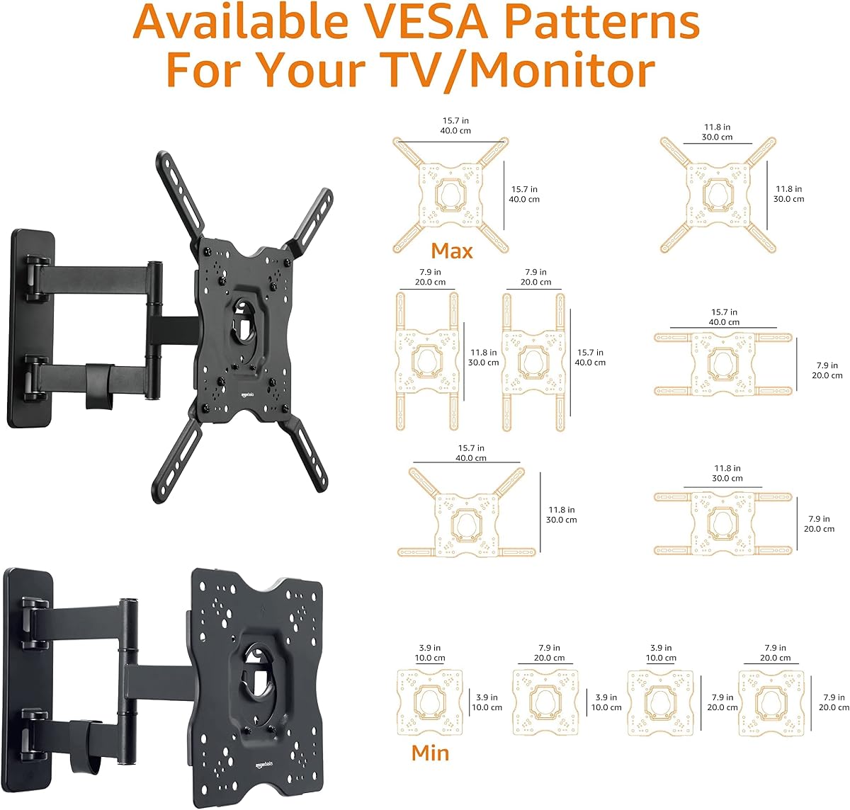 Amazon Basics TV Wall Bracket for 26-55 inch(66cm-140cm) TVs, Swivels Tilts TV Wall Mount for Flat & Curved TV, VESA 100x100mm to 400x400mm, holds up to 36kg, Black 26" to 55" — view 9